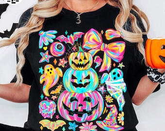 Preppy Coquette Halloween Bow PNG, Neon Colorful Pumpkin Ghost PNG, Trendy Halloween Clipart, Fall Bat Ghost PNG, Cute Spooky Season Png