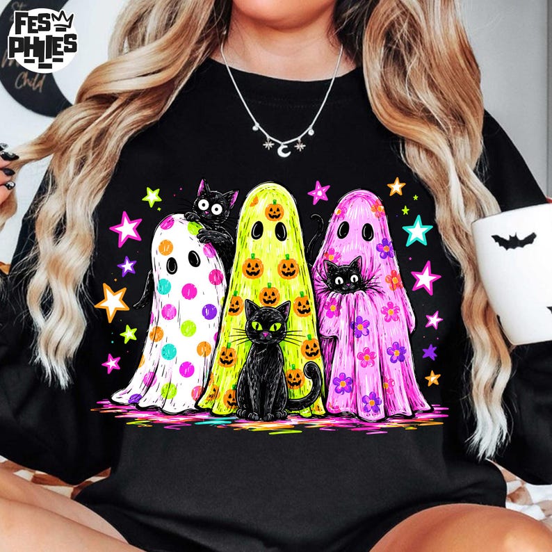 Preppy Girly Ghost PNG, Black Cat Halloween Graphic, Colorful Leopard Ghost Design, Glitter Shirt PNG, Trendy Spooky Season Digital File image 6