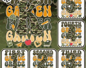 Camouflage Zurück in der Schule für Jungen Bundle, Camo Kindergarten Png, Erster Schultag, Design der ersten / zweiten / dritten Klasse, Camo Lehrer Png