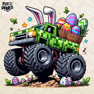 Puede incluir: Un camión monstruo verde pixelado con neumáticos grandes, orejas de conejo y una caja de madera llena de coloridos huevos de Pascua. El camión está decorado con flores y mariposas, y la imagen tiene el texto "Fes Philes" en la esquina superior izquierda.