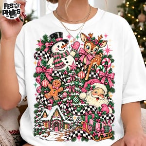 Vintage Pink Christmas PNG, Retro Santa Snowman Reindeer PNG, Pink Nutcracker Sublimation, Checkered Christmas Design, Distressed Holiday