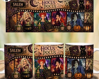 Vintage Halloween Movie Characters 11oz Mug PNG, Retro 90s Spooky Season Mug Wrap, Halloween Coffee Cup Sublimation Design, Digital Download