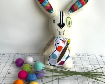 Brewster the Artist, Stuffed Bunny, quirky bunny, modern folk art