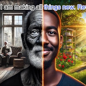 GW6 - JW Get Well Card -Glossy photo card. Old man changing from old to young. &quot;Look I am making all things new&quot;. Rev 21:5
