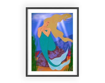 Mermaid Illustration Poster with Wooden Frame | Ocean Art Wall Print