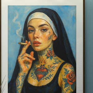 Tätowierte Nonne Poster | Provokantes Frauen Portrait | Rebellische Kunst | Tattoo Wandkunst | Digitaler Download