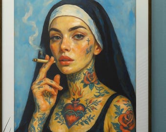 Tätowierte Nonne Poster | Provokantes Frauen Portrait | Rebellische Kunst | Tattoo Wandkunst | Digitaler Download