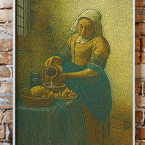 Vermeer Milchmädchen Remix | Op Art Line Pattern Poster | Klassische Kunst Reinterpretiert | Dark Academia Deko | Digitaler Download
