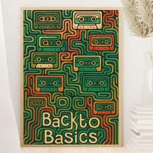 Könnte beinhalten: Ein gerahmter Kunstdruck mit einem Retro-Design von Kassetten in Grün-, Orange- und Beigetönen. Das Kunstwerk hat einen labyrinthartigen Hintergrund und die Worte "Back to Basics" in einer Vintage-Schrift.