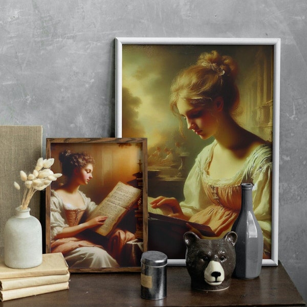 woman painting | Vintage Portrait | Dark Portrait Oil Painting | Moody Wall Art | Bathroom Wall Art Woman Reading Victorian Wall Art Antique