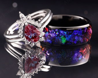 Alexandrite couple wedding ring set Galaxy Space Nebula Alexandrite Ring 8mm Crab Nebula Ring Set his and her wedding band Tungsten Ring