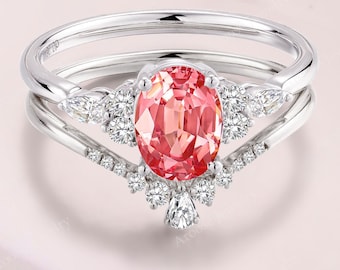 Unique Oval cut Sapphire Engagement Ring set Padparadscha sapphire wedding Ring pink gemstone 18K Gold Plated ring anniversary gift for her