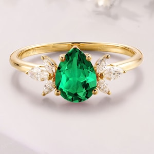 unique pear cut Tsavorite Garnet engagement ring yellow gold Tsavorite wedding ring green gemstone ring anniversary gift