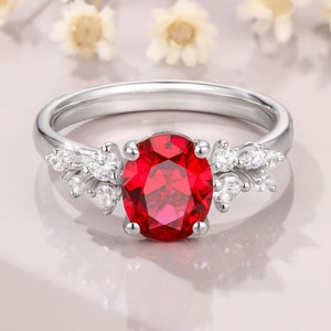 Oval Ruby Engagement Ring lab ruby rings white Gold Engagement moissanite Cluster Ring July Birthstone Ring mother day gift for her