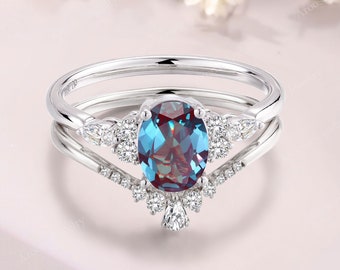 Alexandrite Ring Set Oval Alexandrite engagement ring set moissanite diamond stacking ring matching band June birthstone Ring gift for her