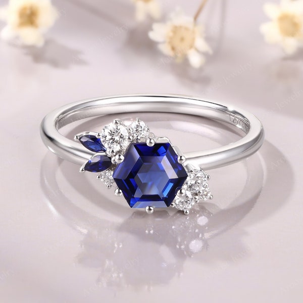 hexagon Blue Sapphire Engagement Ring silver blue sapphire ring white gold ring marquise sapphire cluster ring for her Anniversary Gift