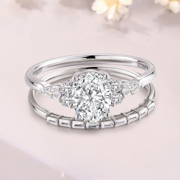oval moissanite ring set vintage white gold engagement ring Baguette moissanite wedding band moissanite engagement bridal set gift for her