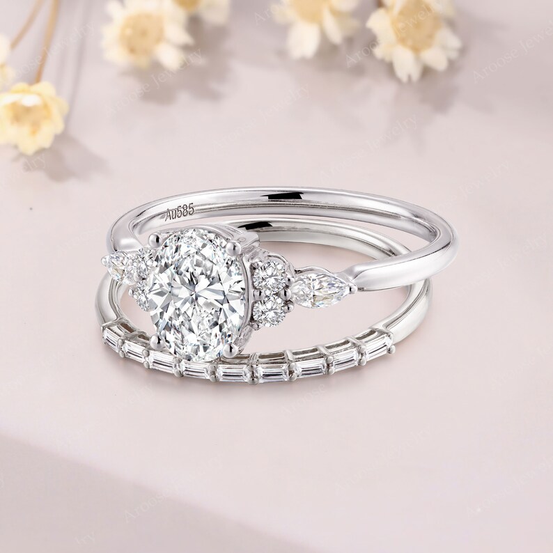 Vintage Oval Moissanite Engagement Ring Set White Gold Promise Bridal ...