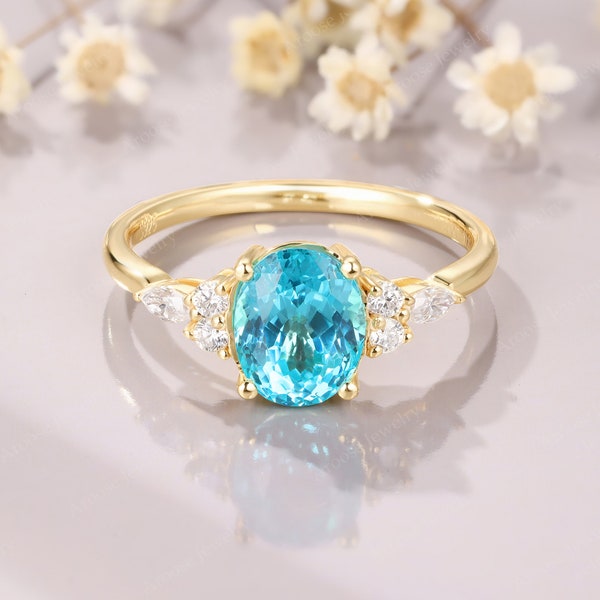 Oval engagement ring Paraiba Tourmaline Engagement Ring blue Paraiba Ring vintage unique gold ring wedding Bridal ring gift for women