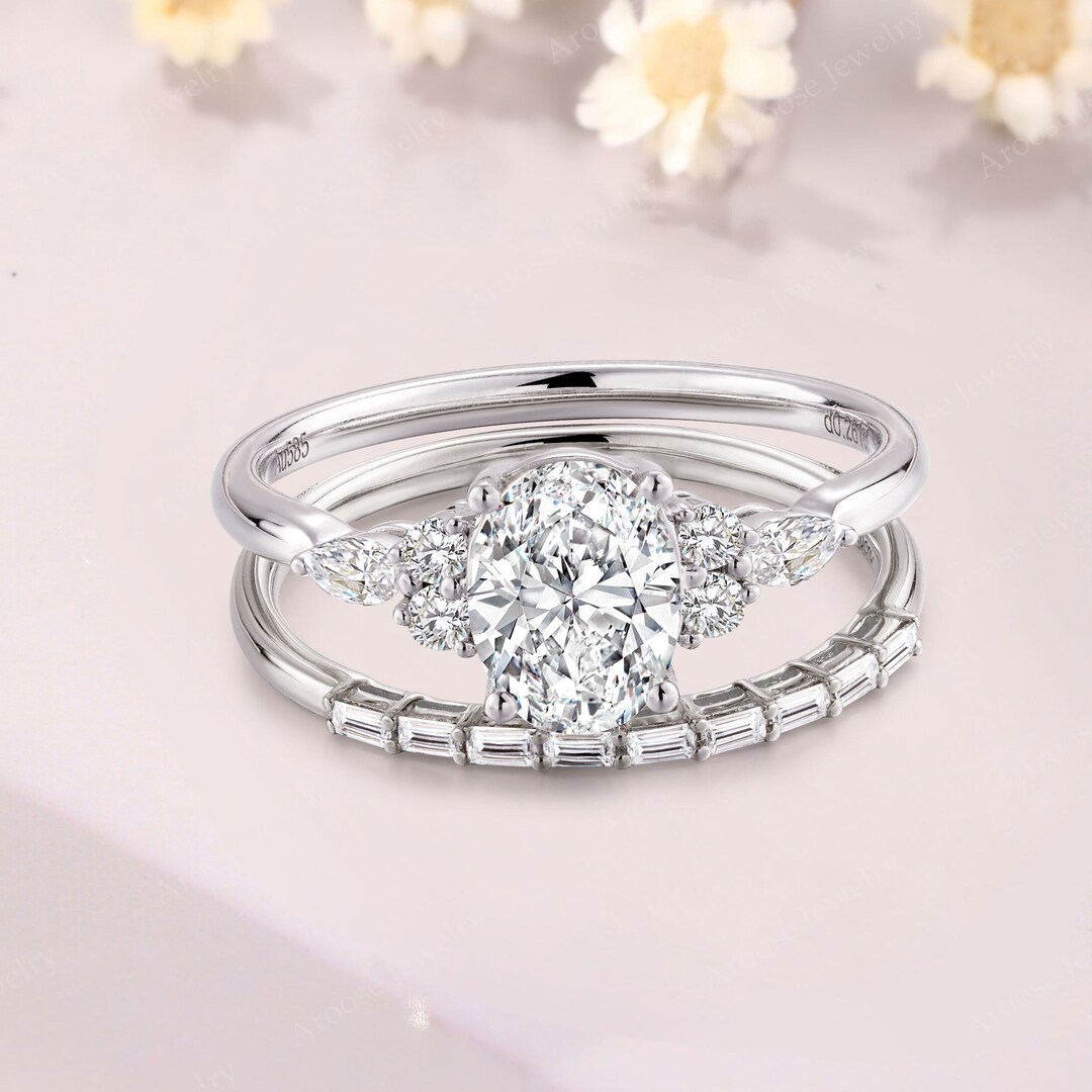 Vintage Oval Moissanite Engagement Ring Set White Gold Promise Bridal ...