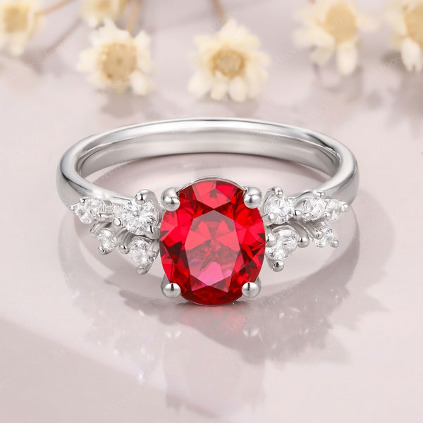 Oval Ruby Engagement Ring lab ruby rings white Gold Engagement moissanite Cluster Ring July Birthstone Ring mother day gift for her