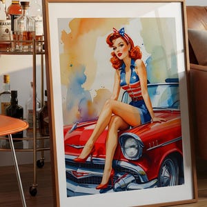 Retro Pin-Up Girl Digitale Kunst - Vintage Americana Style | Sofortiger Download druckbare Wanddekoration