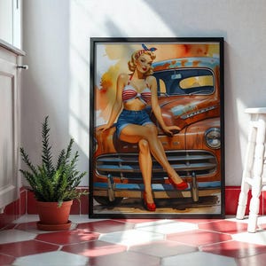 Retro Pin-Up Girl Digitale Kunst - Vintage Americana Style | Sofortiger Download druckbare Wanddekoration