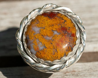 Handmade Silver Gemstone Agate Ring With An Orange Plume Stone, Sterling Silver Ring For Wife Statement Ring For Her Western Rings For Women