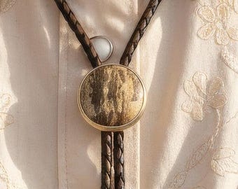 Bolo Tie Petrified Wood Sterling Silver, Western Style