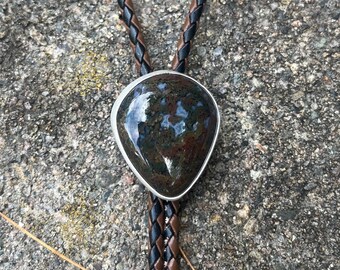Stone Bolo Tie, Handmade Sterling Silver Bolo, Moss Agate Bolo Necklace For Men, Wedding Bolo Gift for Man, Christmas Gift For Father