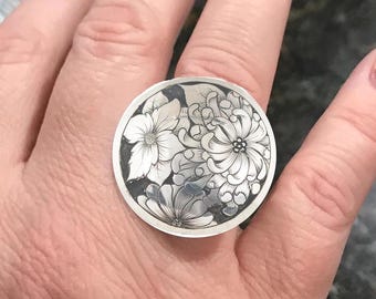 Hand Engraved Sterling Silver Western Rings For Women, Chunky Silver Rings for Her, Statement Ring, Silver Concho Ring