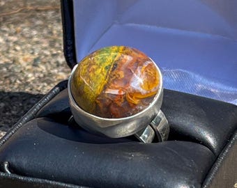Handmade Gemstone Ring, Adjustable Ring, Green Red Moss Agate Stone Sterling Silver Ring For Wife Statement Ring, Western Rings For Women