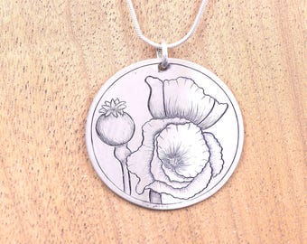 Handcrafted Silver Western Concho Necklace For Women, Southwest Necklace, Boho, August Birth Flower Poppy Pendant Necklace, Nature Jewelry