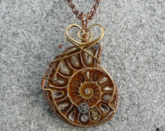 Steampunk Ammonite Wire Wrapped Pendant, Steampunk Jewelry, Ammonite Necklace