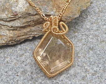 Petrified Sunlight Gold Filled Rutilated Quartz Wire Wrap Pendant, Wire Wrapped Necklace, Rutilated Quartz Necklace