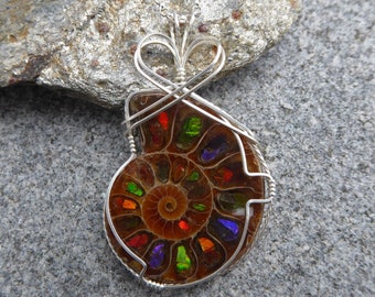 Ammolite Wire Wrapped Pendant, Ammonite Necklace, Ammonite Pendant, Ammolite Necklace, Science Jewelry