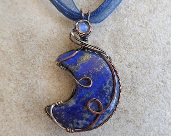 Blue Moon Pendant, Lapis in Copper, Moon Necklace, Crescent Moon Pendant, Celestial Jewelry, Lapis Pendant