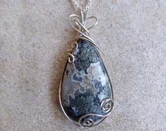 Marcasite in Agate Wire Wrapped Pendant, Marcasite Necklace, Agate Pendant, Sterling Silver Pendant, Pendant Necklace