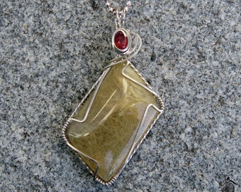 Rutilated Quartz and Garnet Pendant, Quartz Pendant, Garnet Necklace, Pendant Necklace