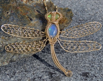 Opal Dragonfly Pendant, Wire Wrapped Pendant, Dragonfly Jewelry, Insect Jewelry, Wire Wrapped Jewelry