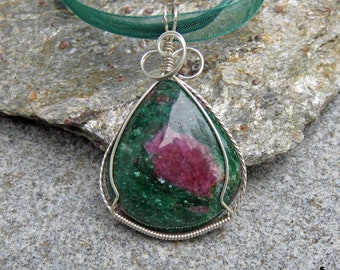 Ruby in Fuchsite Necklace, Ruby Pendant, Wire Wrap Pendant, Pendant Necklace, July Birthstone, Gift for Her