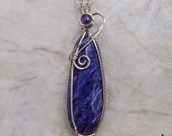 Charoite and Amethyst Purple Necklace, Charoite Wire Wrap, Pendant Necklace, Silver Necklace, Gift for Her