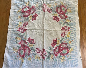 Vintage 1950’s Blue & Red Floral Cotton Linen Tablecloth 47”x 43”