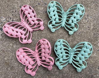 Vintage MCM Plastic Pink & Turquoise Butterfly Wall Hangings
