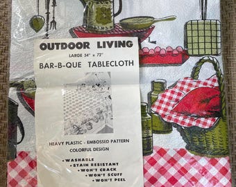 Vintage 1970’s Plastic BBQ Tablecloth  54 x 72 Retro Food Designs Red & White New Old Stock