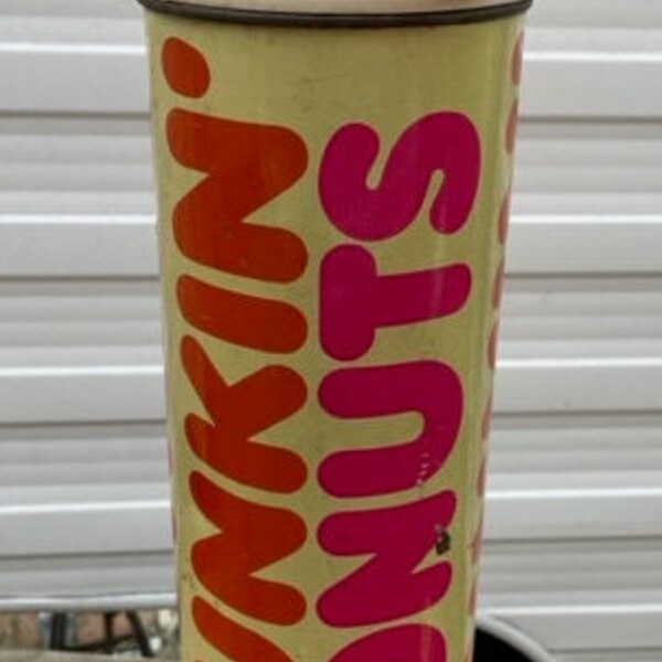 Vintage Thermos Brand Dunkin Donuts Large Metal Coffee Thermos Pink & Orange Logo