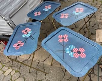 Vintage MCM Denim Checkered Flower Patches Metal TV Trays Set of 4