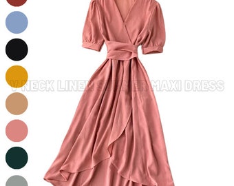 Women Maxi Dress V Neck Short Sleeve Wrap Dresses Summer French Style Puff Sleeve Gift for Her Linen Tunic with Belt Gift for Girlfriend