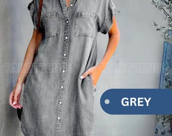 Robe chemise en jean à manches courtes pour femmes avec poches Robe chemise mi-longue à ourlet irrégulier et boutonnage simple Robes d'été boutonnées