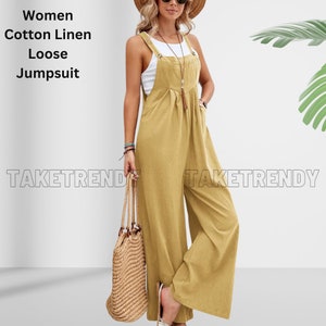 Womens Cotton Linen Jumpsuits Overalls Wide Leg Casual Summer Outfits Rompers Jumpers Sleeveless Straps with Pockets 2024 Spring Summer